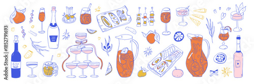 Mediterranean cocktail party hand drawn doodle set. Lemon, orange fruit mocktail, wine tasting. Sangria, limoncello glass, charcuterie illustration isolated. La dolce vita Italian, Spanish sketch.