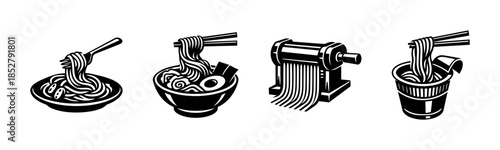 Ramen and pasta designs, noodles, chopsticks, flat vector illustration