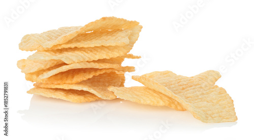 Small pile of potato chips isolated on transparent background with reflection and shadows. Crispy salted snack food for fast food, junk food, party and leisure, packaging mockup and template