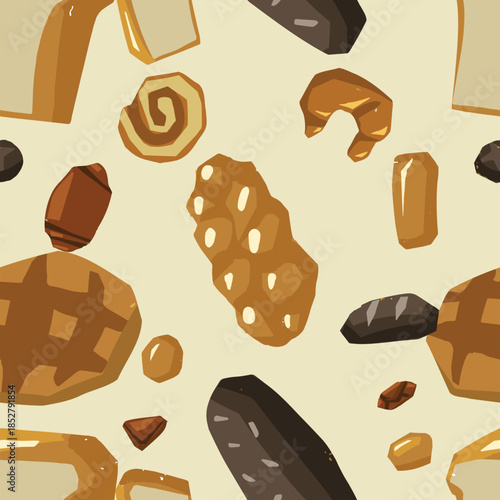 Seamless pattern of various bread types. Waffles, loaf, baguette, pretzel, croissant and other baked goods.