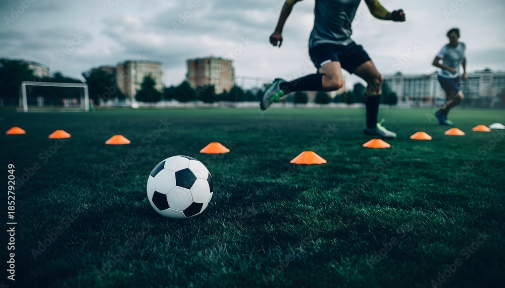Obraz premium Football player training on a field with cones and a soccer ball