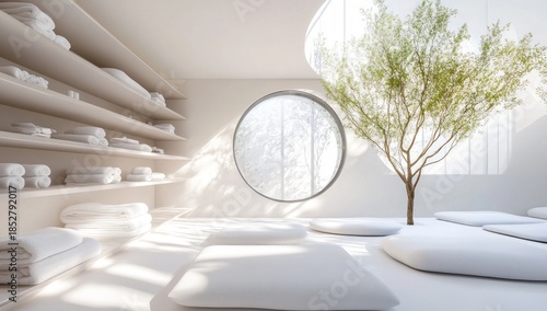 Wallpaper Mural Minimalist spa wellness room with white folded towels, a round window, an indoor tree, and floor cushions, bathed in natural light, evoking serenity. Torontodigital.ca