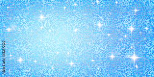 Shiny blue disco ball pattern with white glitter mosaic and reflective texture. Glamorous sparkles party gradient. Vector festive New Year themes, or fashion decor background illustration.