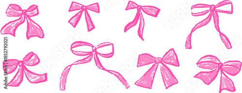Bows pink crayon drawn set. Coquette ribbons doodle isolated on white background. Bowknot fuchsia pastel elements. Vector girly band by pencil illustration collection isolated on white background.