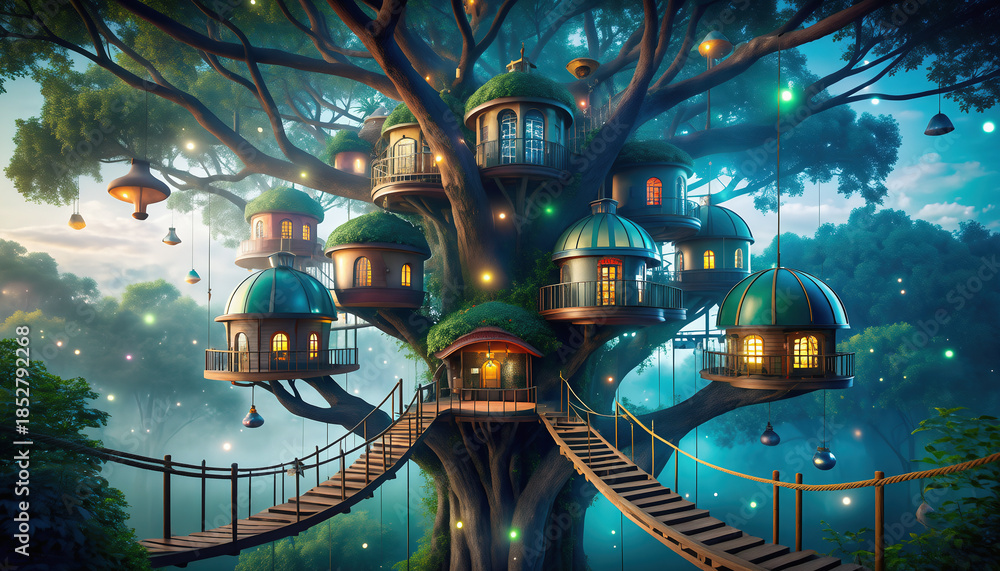 Fototapeta premium A Whimsical Illustration Of A Treehouse Community In A Magical Forest.