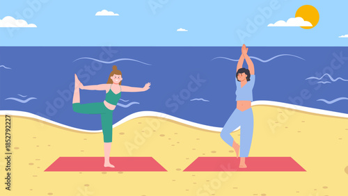 Young girls doing yoga exercises on beach. Ocean coast relaxation and leisure. Daily pilates workout near sea. Vacation, seasonal retreat, vector scene