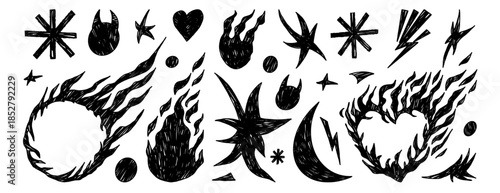 Linocut fire punk rock doodles elements set. Funky fireball, moon, flames set. Doodle burned heart, lightning icons. Charcoal or marker stickers collage. Vector naive scribble elements isolated no bg.