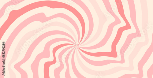 Twisted red and pink candy pattern. Creamy colors texture starburst background. Retro spiral sun rays backdrop. Abstract girly illustration. Vector wavy carnival stripes vintage design.