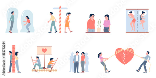 Relationship problems. Male female misunderstanding scenes. Broken hearts, divorce and fading of love. Couple dont talking, betrayal and jealousy, recent vector set