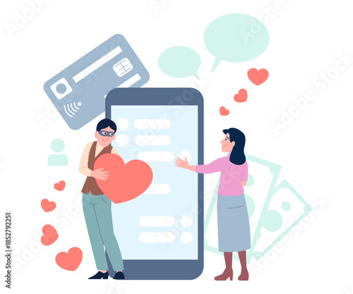 Love scammer. Danger online relationship with cheater. Fake feelings from man, money extortionist on a dating app for smartphones, crime recent vector concept