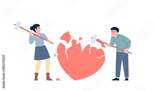 Broken heart with hammer. Man woman holding hammers and break big red heart. Relationship, family and romantic love end metaphor, recent vector scene