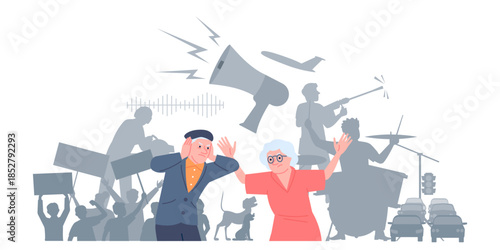 Noise pollution. Old people covers ears and annoying from urban noisy elements. Modern city lifestyle, senior man woman suffering from music, pets, louds, recent vector scene