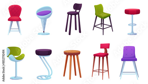 Cartoon bar stools. Isolated tall stool for cafe, restaurant, beach bar. Modern and vintage chairs, wood metal, plastic furniture nowaday vector set