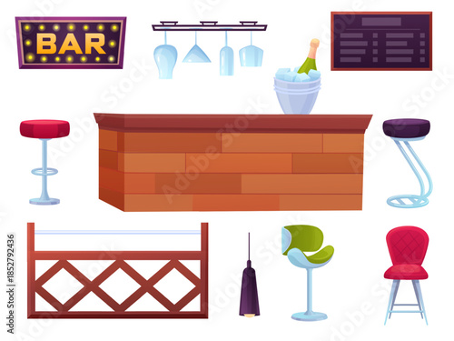 Cartoon bar furniture. Pub interior accessories, metal wooden with ice cubes, tale stools, sign. Different glasses for cocktails, wooden counter, nowaday vector elements