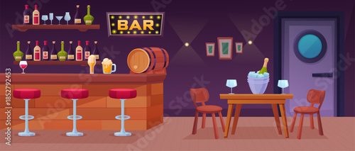 Bar interior. Cartoon pub with wooden counter, drinks, table and tale stools. Evening meeting place for drinking with friends or dating. Beer barrel, nowaday vector scene