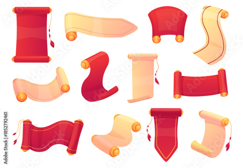 Chinese festive scrolls. Paper red cream scroll various shapes. Asian traditional style art elements. Decorative culture objects for design, nowaday vector set