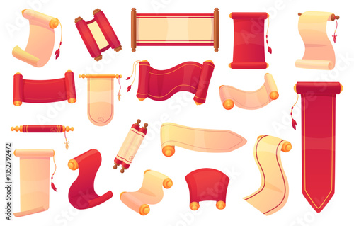 Cartoon asian scrolls. Paper scroll, red cream colors chinese korean japanese festive elements. Open and closed roll with wood handles and thread tassels, nowaday vector set
