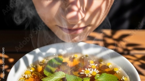Woman inhaling steam from a comforting bowl of herbal tea with chamomile flowers and mint leaves