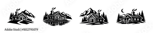 Log cabin and mountain scenery, flat vector illustration with rustic, alpine design