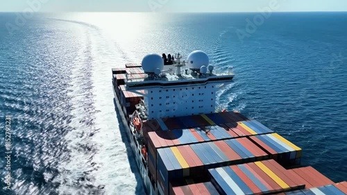 A large cargo ship sails through calm waters, leaving a trail behind, with colorful containers stacked on its deck