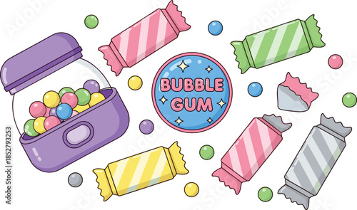 Assorted Colorful Pastel Candy Illustration Set Featuring Wrapped Sweets Gumballs and a Purple Jar on a White Background for Design Projects