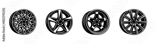 Wheel designs, car rims, flat vector illustration, alloy wheels set