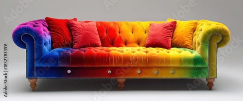 Wallpaper Mural Luxurious rainbow velvet Chesterfield sofa with tufted upholstery and throw pillows in a studio setting. Torontodigital.ca