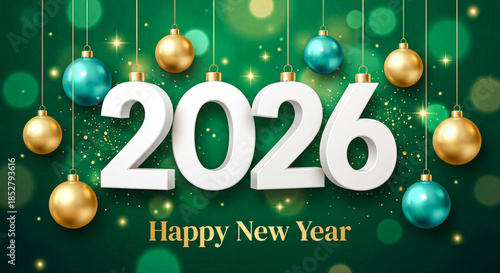 Elegant 2026 Ornaments on Green Bokeh