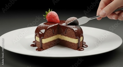 Decadent chocolate cake slice with strawberry and drizzle