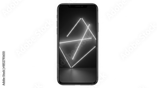 Modern smartphone displaying abstract geometric neon light art on screen