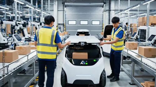 Workers in a warehouse loading boxes into a white vehicle