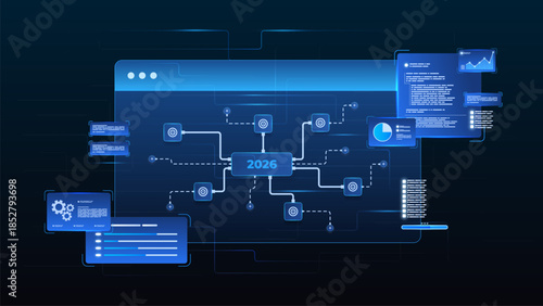 Business roadmap to 2026 milestone concept. strategy business data analysis dashboard representing planning, performance, evaluation and goal achievement.