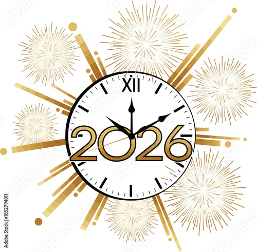 Create a 2026 New Year - Clock And Golden Fireworks - Countdown To Midnight vector art abstract with white background.