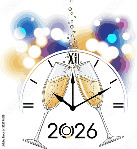 Create a 2026 - New Year Celebration With Champagne And Clock - Toast With Flutes - Abstract Defocused Bokeh Lights vector art with white background.