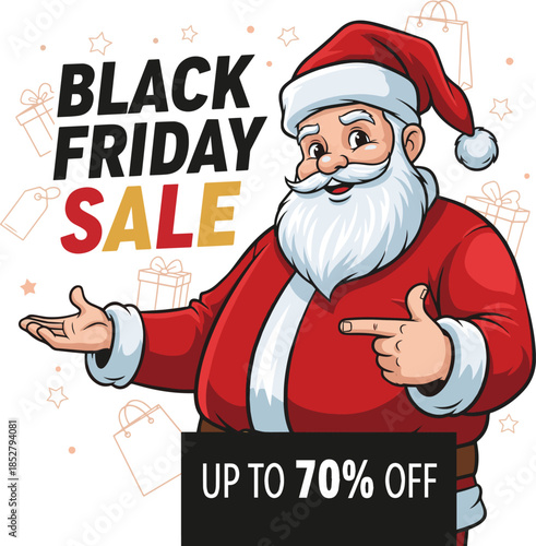 Create a Black Friday Sale - Santa Claus Pointing Promotion Banner vector art with white background..
