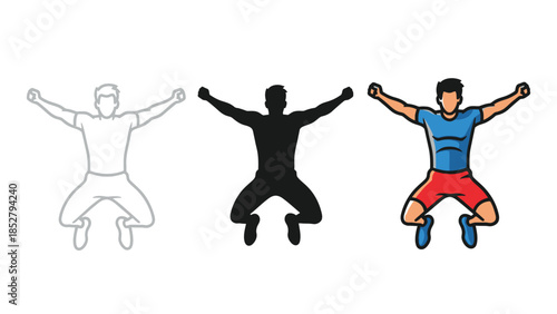 Man jumping in three styles outline, silhouette and colored illustration, representing exercise or fitness activity