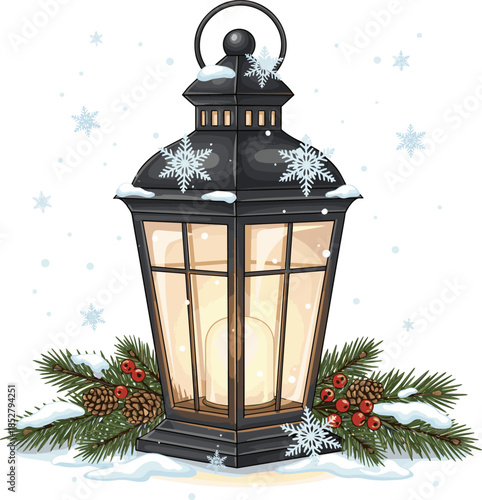 Create a Christmas Lantern In Night With Snow And Fir Branch vector art with white background.