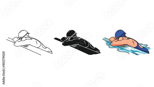 Set of three illustrations of a swimmer doing the freestyle crawl stroke, outline, silhouette and color versions