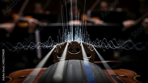 Musicians play violins with sound waves emanating from the instrument in a dark room