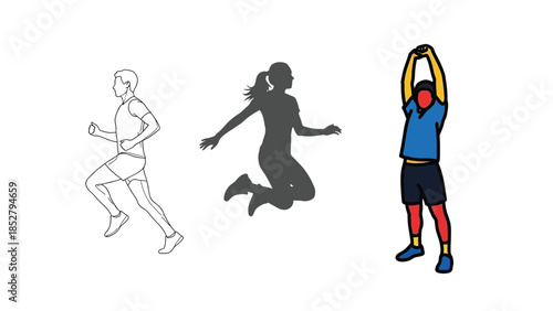 Set of three illustrations depicting different physical exercises a running man outline, a jumping woman silhouette, and a man stretching arms overhead