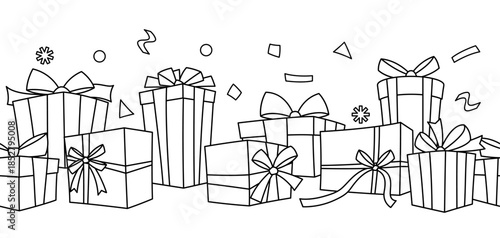 Illustration of gift box. Black line presents gift boxes for celebration, discounts or promotions.