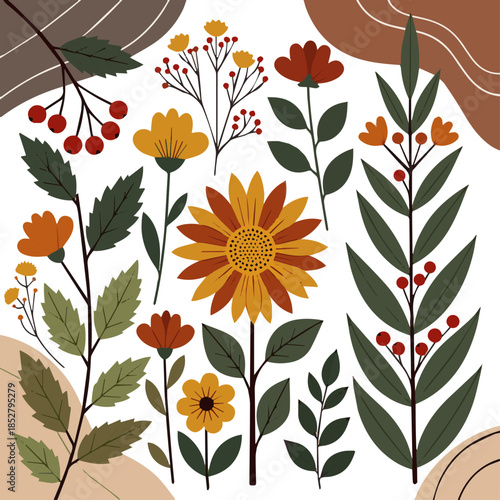 Create a kinds of deferent Composition of plants and flowers in autumn, vector art with white background.