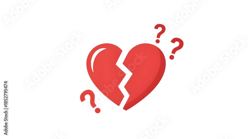 Stylized vector illustration of a fractured red heart surrounded by question marks, symbolizing emotional confusion, relationship uncertainty, and the pain of a breakup or lost love