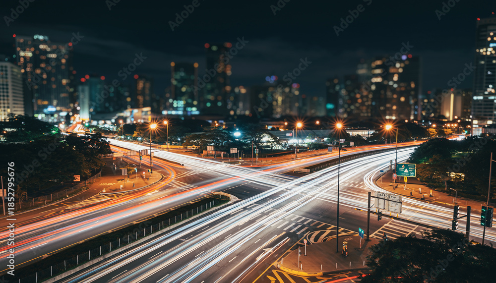 Obraz premium A Long-exposure Photograph Of A Busy City Intersection At Night, With Light Trails From The Traffic Creating A Sense Of Motion.