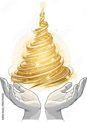 Create a Magic Christmas Tree - Shiny Golden Light In Hands At Night vector art with white background..