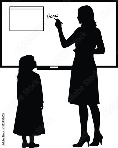 Black silhouette vector of a female teacher explaining a lesson on a whiteboard to a little schoolgirl standing in a classroom