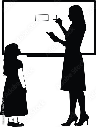 Black silhouette vector of a female teacher holding a book and explaining a lesson on a whiteboard to a little girl