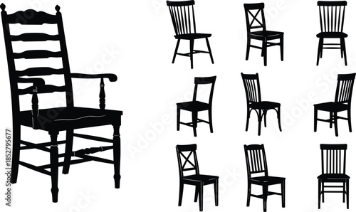 Collection of black silhouette classic wooden dining chairs and armchairs isolated on white for interior design, furniture logos and home decor icons