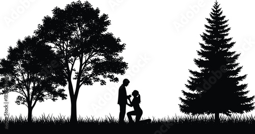Romantic silhouette of a woman proposing to a man in a forest park with pine trees and grass isolated on white