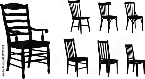 Collection of classic furniture silhouettes showing black wooden dining chairs and vintage armchair vector illustration isolated on white background for interior design